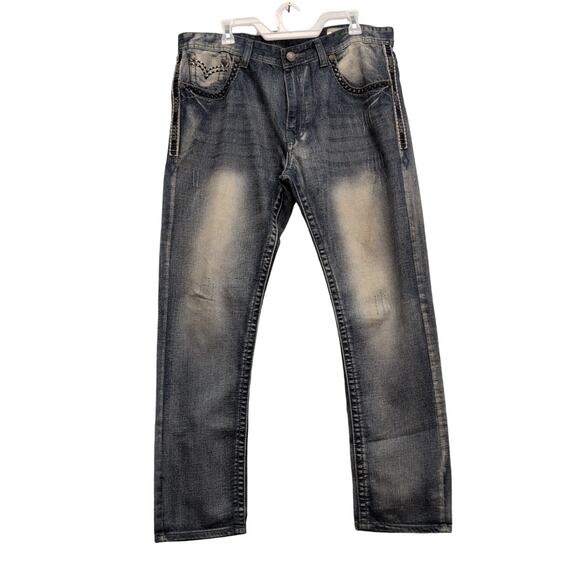 GS115 Mens 36X32 100% Cotton Factory Faded & Distressed Embroidered Denim Jeans